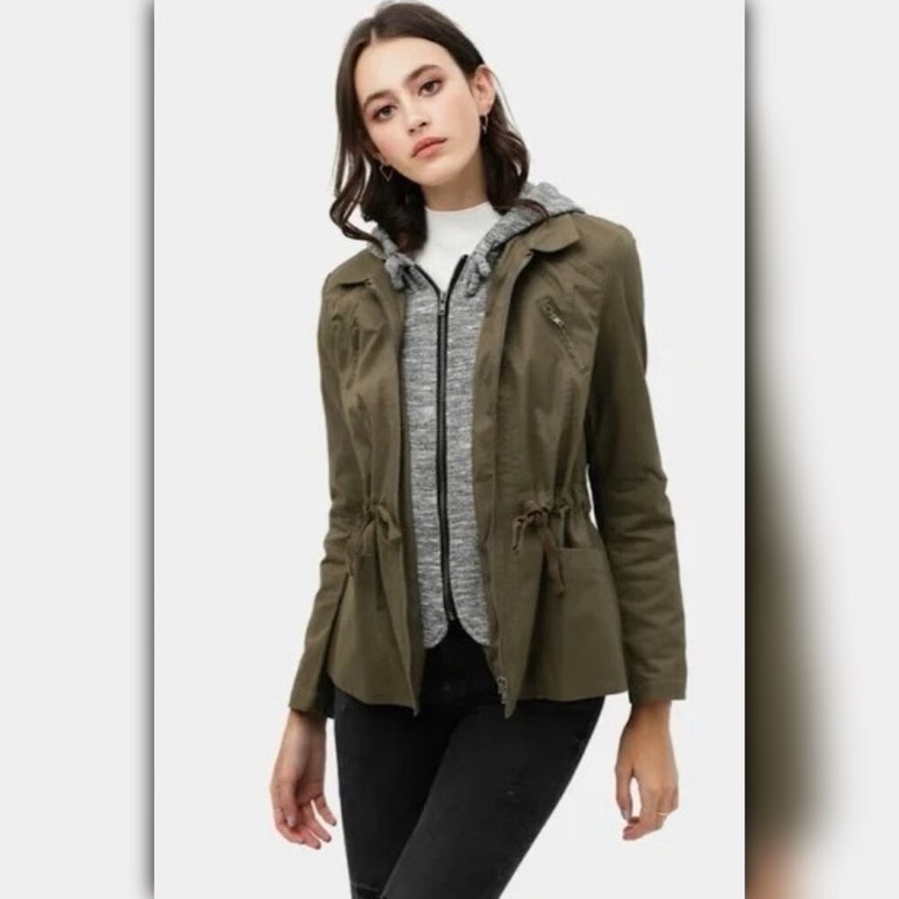 * A087-A • Olive Layered Hoodie Utility Jacket Drawstring Waist